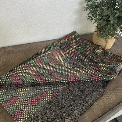 1 Yard Holographic Multi-Color Iridescent Sequin Dot Fabric On Black/Gold Knit - Image 1 of 4