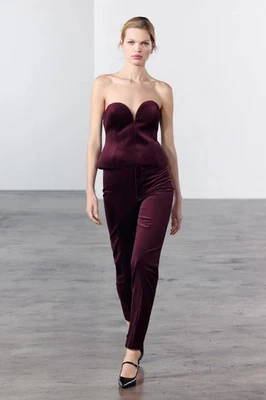Zara Womens Top Small S Velvet Corset Burgundy Strapless Sleeveless 0079/082 New - Image 1 of 4