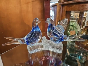 Blue Glass Love Bird Doves Murano Perched On Branch Log Hand Blown 6" x 10" - Picture 1 of 13
