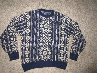 LANDS END NAVY BLUE CREAM 100% WOOL SNOWFLAKE SWEATER MEN M 38-40 PULLOVER CREW - Image 1 of 4