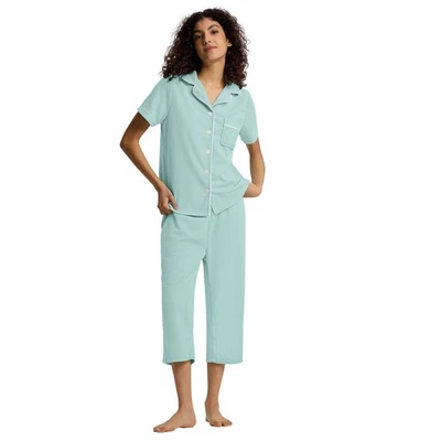 Женская пижама SIORO с коротким рукавом на пуговицах пижама топ с брюками-капри - Изображение 1 из 4