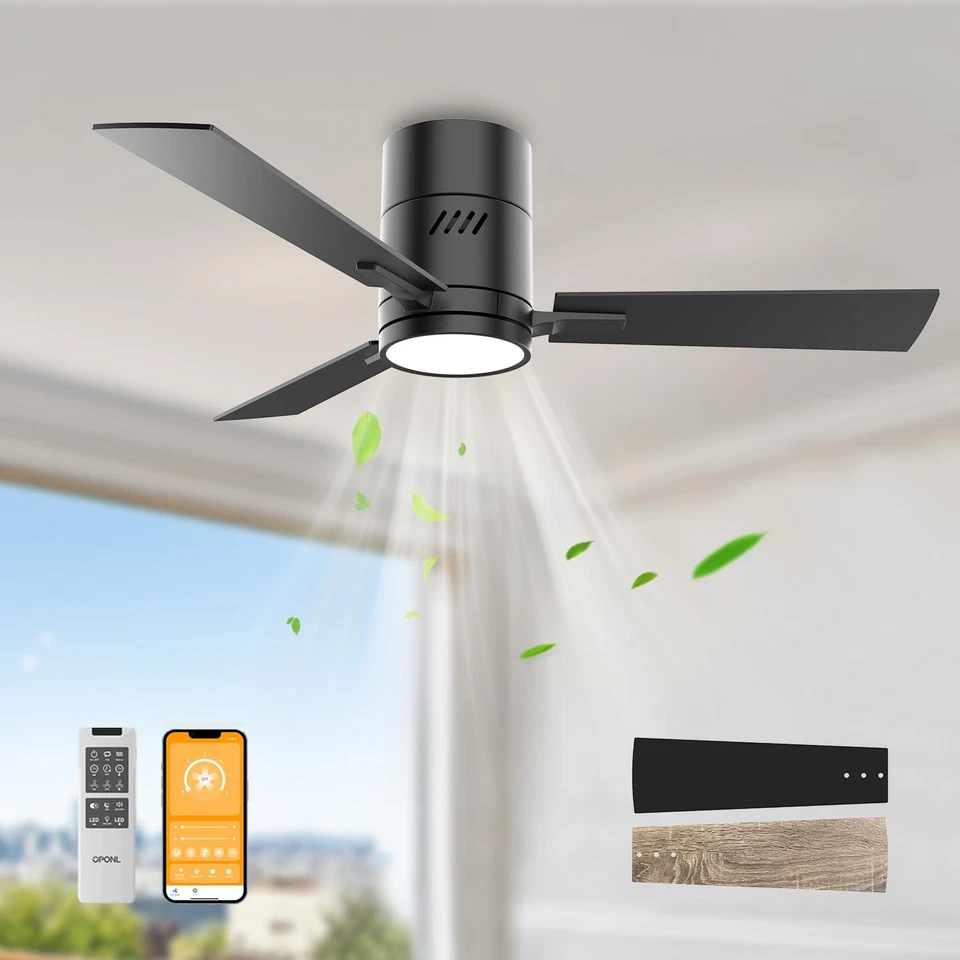 OPONL 42 WALL MOUNT CEILING FAN LIGHT REMOTE CONTROL FLUSH MOUNT NOISELESS BLACK - Image 1 of 4