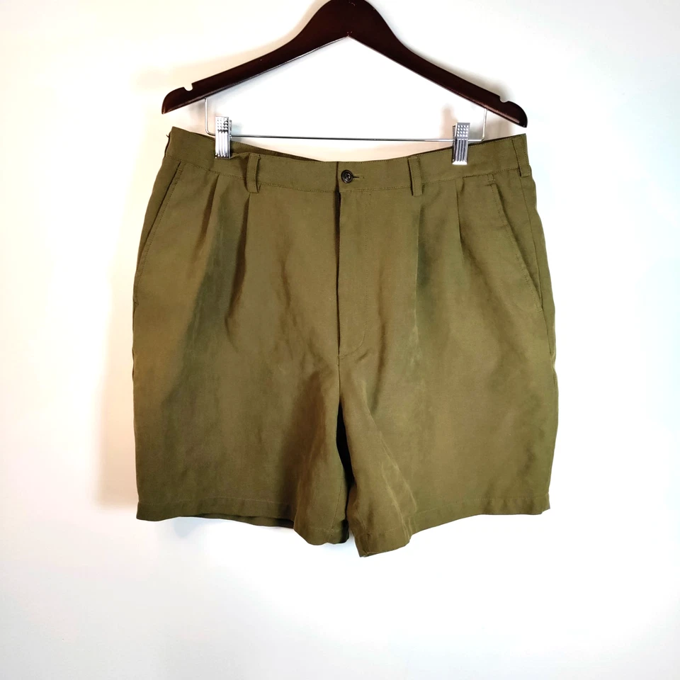 Andrew Fezza Hombres 38 Oliva Tejido Plisado Negocios Golf Informales Pantalones Cortos Viaje Playa Foto 1 de 4