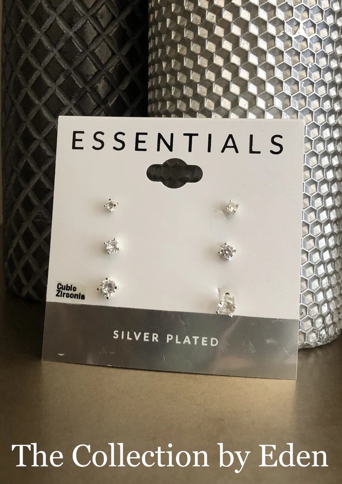 Essentials Earrings- Silver Square Cubic Zirconia Studs Set of 2