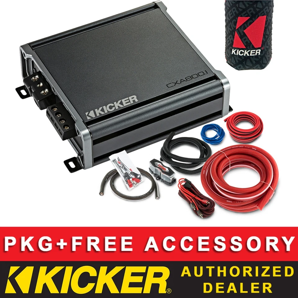KICKER CXA800.1 CAR AUDIO SUBWOOFER CLASS D 1CH/MONO AMPLIFIER + 4AWG AMP KIT
