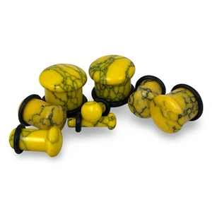 Pair of SINGLE FLARE Yellow Howlite Stone Plugs organic gauges PICK SIZE - Picture 1 of 3