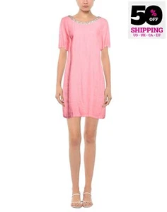 RRP€302 120% LINO Linen Shift Dress IT40 US4 UK8 S Pink Rhinestones Beads - Picture 1 of 6