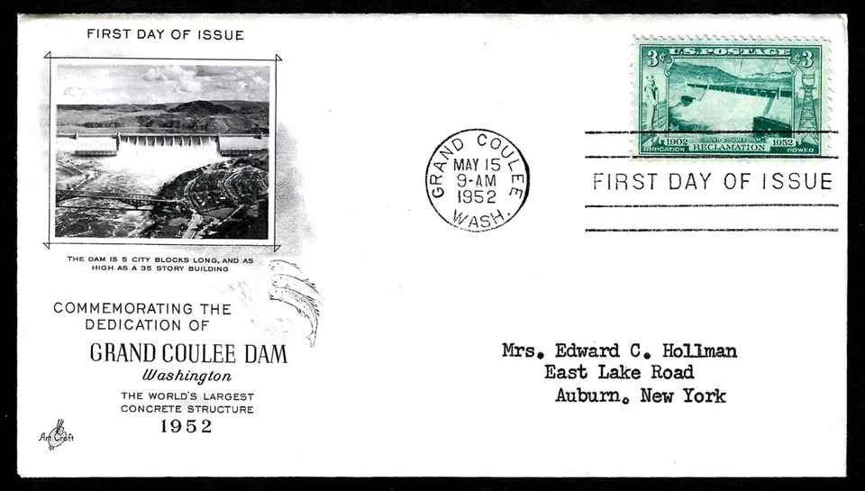 USA SCOTT # 1009, ARTCRAFT FDC COVER - GRAND COULEE DAM, YEAR 1952, WITH ADDRESS - Image 1 of 1