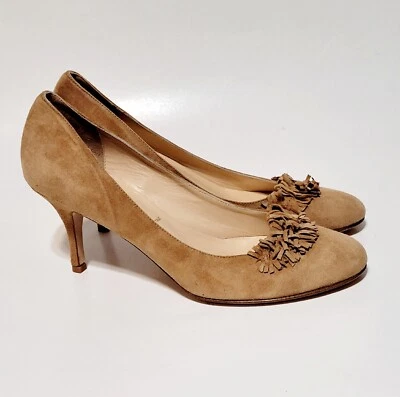 Anthropologie Butter Suede Italian Shoes Heels Pumps Brown Tan Ruffle Wms 9.5US - Image 1 of 4