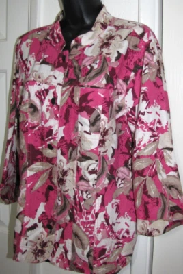 Linen blend jacket women's Button unlined pink/white floral 3/4 sleeve Wm's L/XL - Image 1 of 4
