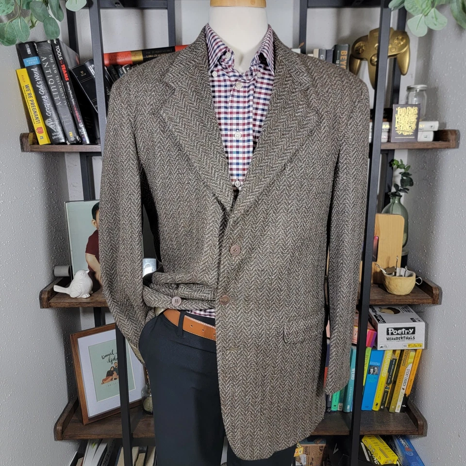 Abrigo Blazer Deportivo Haggar Para Hombre Tweed Dos Botones Marrón Lana Espiga 42L De Colección Foto 1 de 4