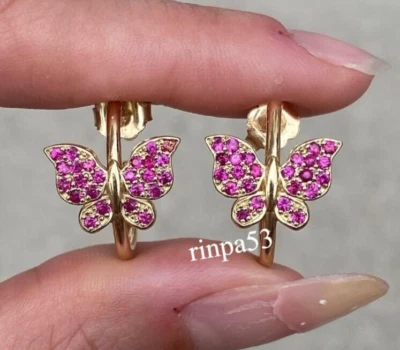 Butterfly Shape Lab Created Burmese Syn Ruby Hoop Earring Women's Real In 925 SS - Image 1 of 4