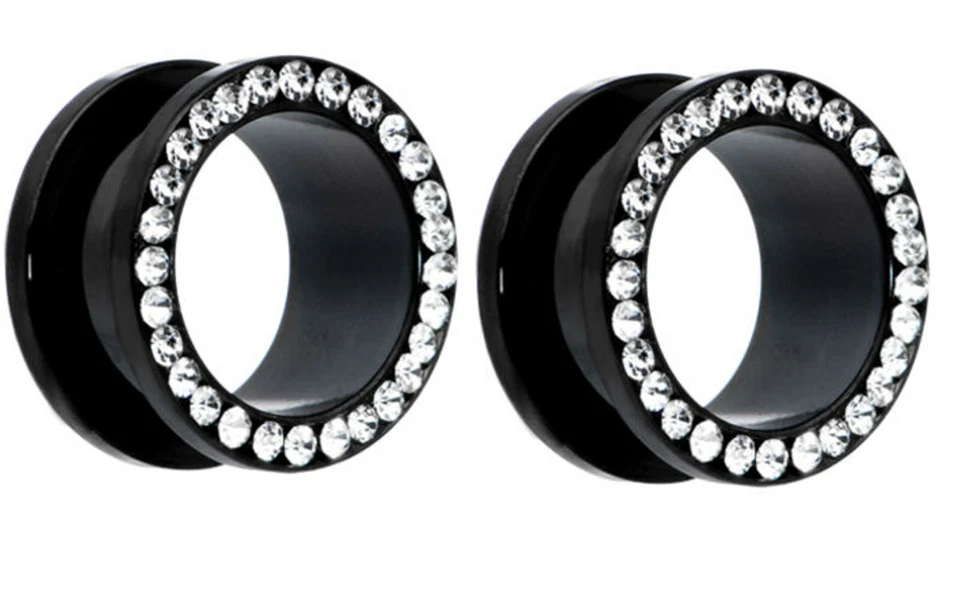 Par de medidores de tornillo de gema transparente de titanio negro túneles tapones para los oídos de acero Foto 1 de 1