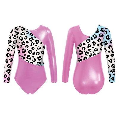 Girls Metallic Ballet Gymnastics Leotard Long Sleeves Print Patchwork Dancewear - Image 1 of 4