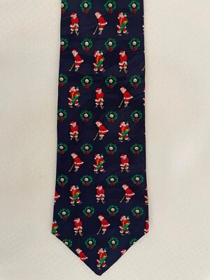 Museum Artifacts Navy Blue Red Santa Golfing Christmas Handmade Silk Necktie - Image 1 of 3