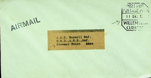 CURACAO WILLEMSTAD POSTAGE PAID AIRMAIL COVER TO STEAMER POINT ADEN ARABIA Cover