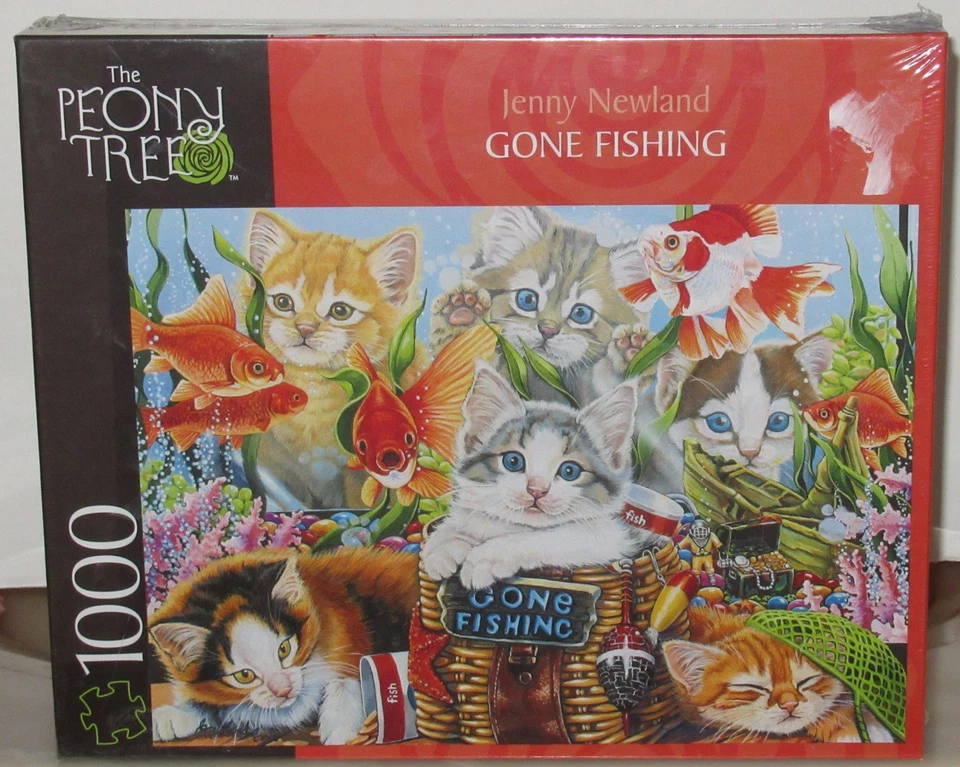 The Peony Tree GONE FISHING Kittens 1000 Piece Jigsaw Puzzle Jenny Newland Mega - Image 1 of 4
