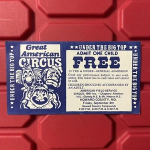 Boleto de pase infantil gratis Great American Circus admite uno azul blanco vintage 1981 - Imagen 1 de 2