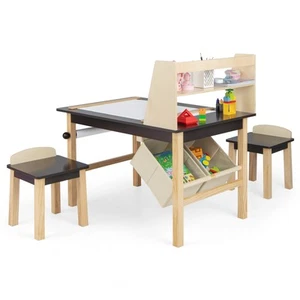 Kids Chairs & Art Table Set Wooden Drawing Desk w/ Paper Roll Storage Shelf Bins - Picture 1 of 8