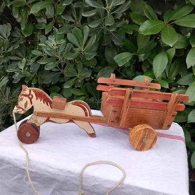 Jouet Ancien - Cheval & Charette en Bois 1950 - Photo 1/4