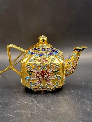 Cloisonne Miniature Teapot Ornament Enamel Copper Gold Plated Christmas #140 - Image 1 of 4