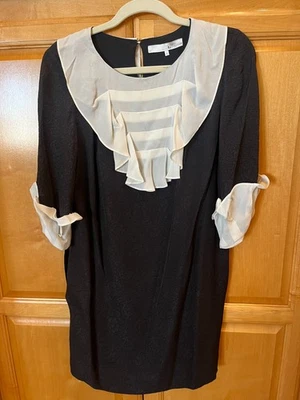 Vestido 3.1 Phillip Lim preto/marfim 100% seda tamanho 2 babado colarinho e punhos - Imagem 1 de 4