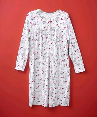 NEW L Aria Collection Cardinal Birds White Nightgown Button Yoke Side Pockets - Image 1 of 4