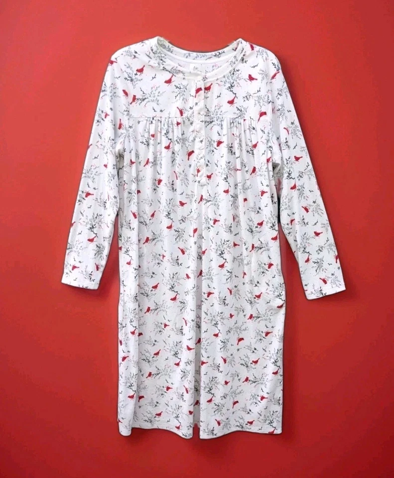 NEW L Aria Collection Cardinal Birds White Nightgown Button Yoke Side Pockets - Image 1 of 4
