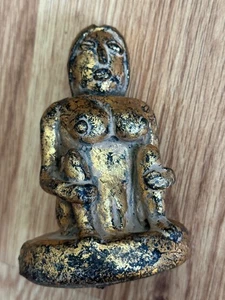 BURMESE WOOD STATUE GOLD LEAF HAND CARVED FERTILITY  GODDESS 4" - Picture 1 of 9