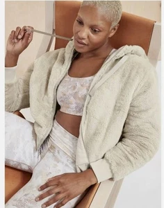 NWT Athleta Ritual Zip Up Hooded Jacket size Medium Beige abalone Cozy Faux Fur - Picture 1 of 8