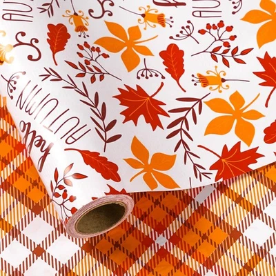 Fall Reversible Wrapping Paper Roll, Maple Leaf with Hello Autumn Chestnut & ... - Image 1 of 4