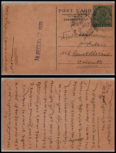 India 1939 Calcutta postal reply card half used 9p KGVI - Picture 1 of 2