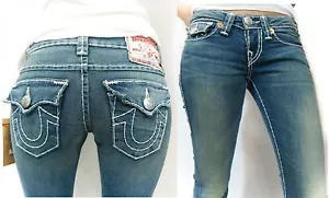 NUEVO TRUE RELIGION Marca Joey White Edge Super T Stitch Storm Rider Jeans Azules - Imagen 1 de 14