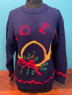 Suéter Noel vintage 100 % acrílico para mujer - S/M, cuerno francés y acebo, azul Foto 1 de 4