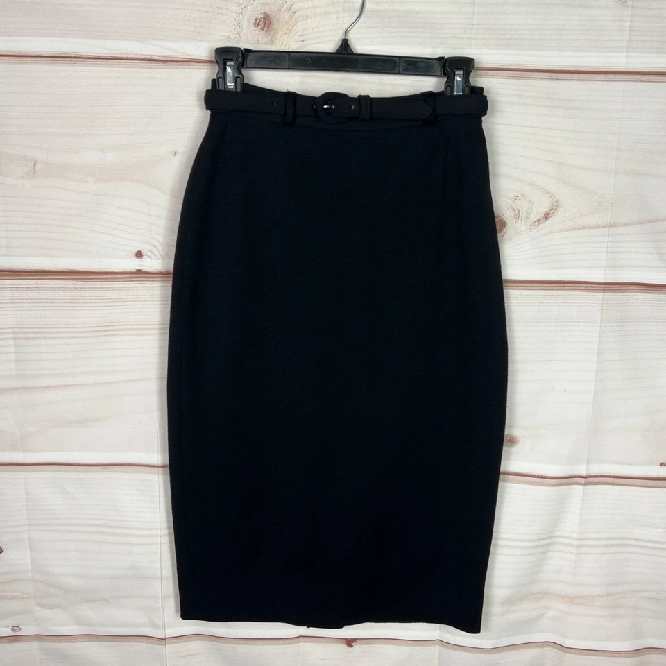 Ralph Lauren Collection Skirt Womens 2 Black Wool Blend Pencil Midi Belted Solid - image 1 of 4