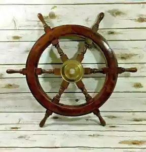 Volante nave vintage legno ottone 24" decorazione pirata legno pesca parete barca - Foto 1 di 8