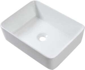 Vessel Bathroom Sink Rectangular 19"x15" White Porcelain Minimal Modern Design 