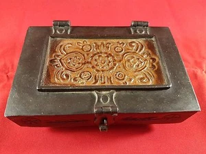 Vintage Solid Cast Iron Stamped Leather Lid Trinket Jewelry Box Made in Bulgaria - Picture 1 of 11