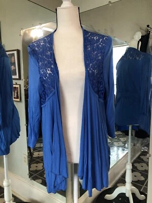 Moda Bug Cárdigan Tejido Mujer Grande Azul Encaje Hombro Ligero Frente Abierto Foto 1 de 4