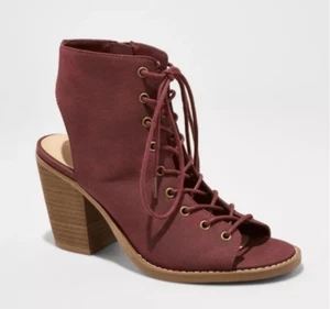 Mossimo Shoes Womens 11 Burgundy Maroon LaceUp Sandal Open Toe Block Chunk Heel - Picture 1 of 11