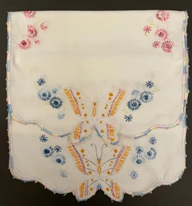 Vintage Hand Embroidered White Table Runner Multicolor Retro Butterfly Set - Picture 1 of 9