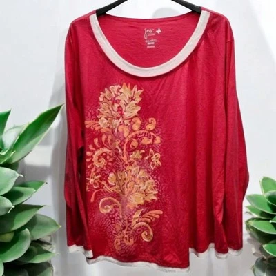 Just My Size Lagenlook T-Shirt Tee Womens 4X Gold Floral Long Sleeve Casual - Image 1 of 4