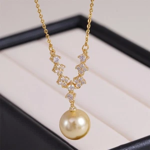 AAAAA11-12mm Natural freshwater pearls pendant necklace Zircon inlay gold filled - Picture 1 of 9