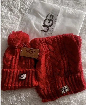 Nuevo conjunto de bufanda y sombrero de invierno tejido para damas rojo Ugg Foto 1 de 4