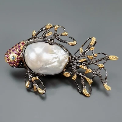 Broche de perlas barrocas naturales hechas a mano de plata de ley 925/NB30265 Foto 1 de 4