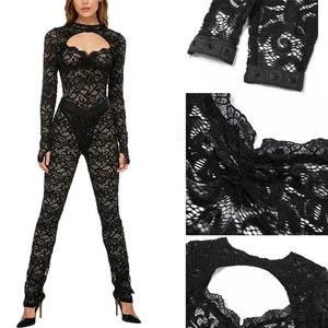Damen Outfit Nachtclub Body Lange Hosen Overalls Front Spitze Zurück Blumen - Bild 1 von 15