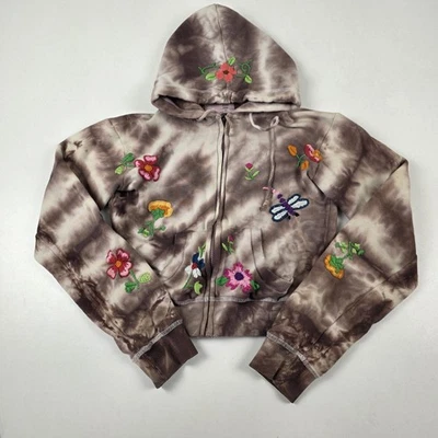 VTG Y2K Miss Me Hoodie Womens Small Tie-Dye Zip Up Embroidered Floral Butterfly - Image 1 of 4