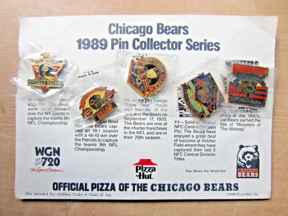 1989 Chicago Bears Pizza Hut 5 Pin Collector Set - Image 1 of 1