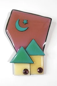 Vintage JEWELED HOUSE PINS BY LUCINDA w/ CRESCENT MOON & STAR & Cabochons 3.25" - Picture 1 of 6