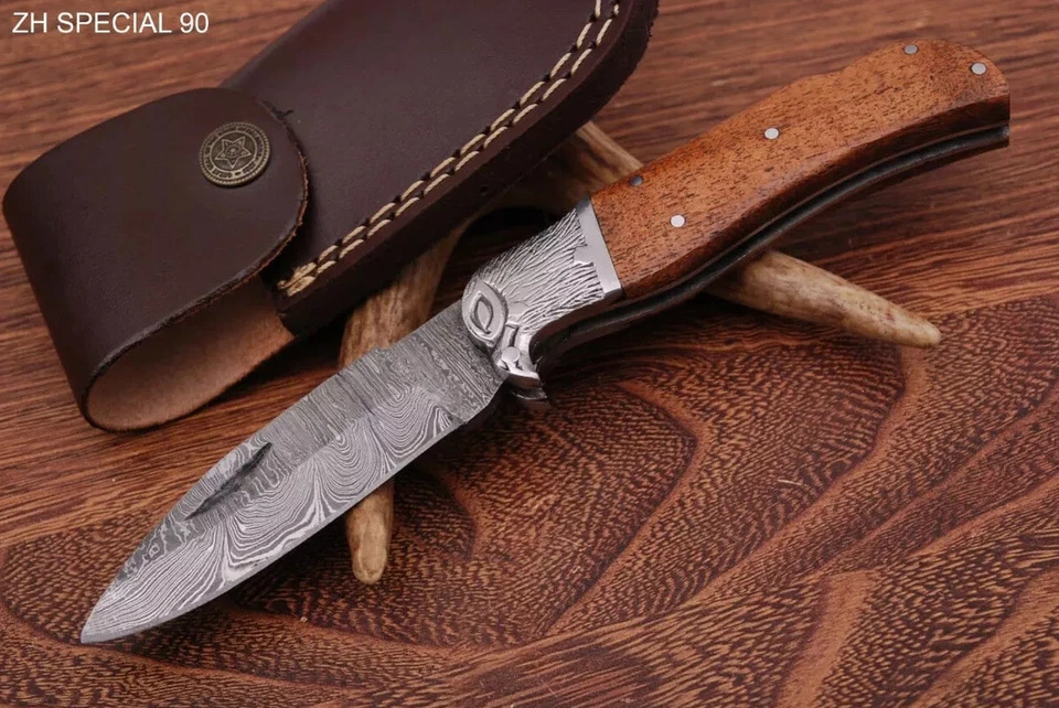 Cuchillo de bolsillo/hoja plegable de acero Damasco forjado personalizado de 7" con funda/estuche ZH 90 Foto 1 de 1